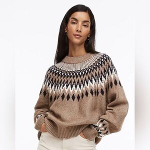 H&M JACQUARD-KNIT SWEATER Fair Isle Mock Neck Beige Brown Sweater Top NWT Sz XS